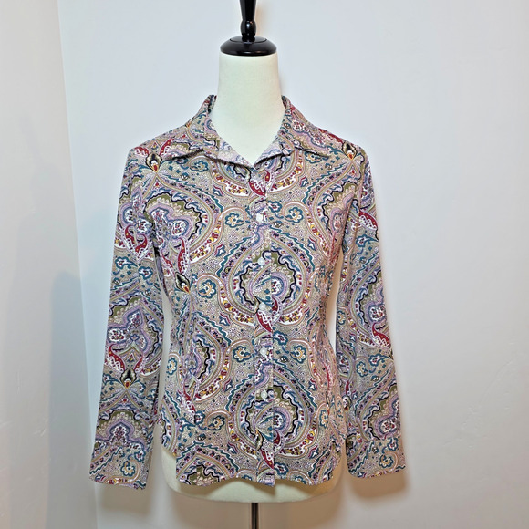 Talbots Long Sleeve Shirt Button Up Roll Tab Multicolor Paisley Size M Petite - Picture 1 of 6